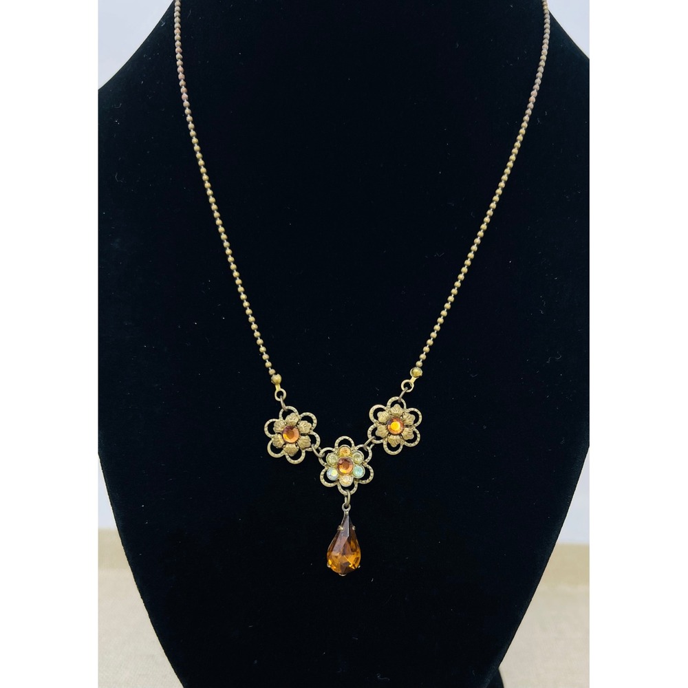 Michal Negrin Vintage Floral Crystal Drop Necklace Antiqued Brass Amber Glass - Picture 4 of 8